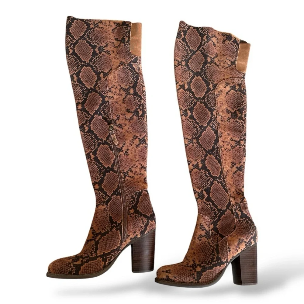 Kelsi Dagger Brooklyn Logan Over The Knee Brown Snake Print Suede Boots Size 8